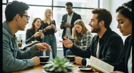 A group of young adults socializing in a cafe, two men engaged in conversation over coffee, others in the background using phones and laughingの素材