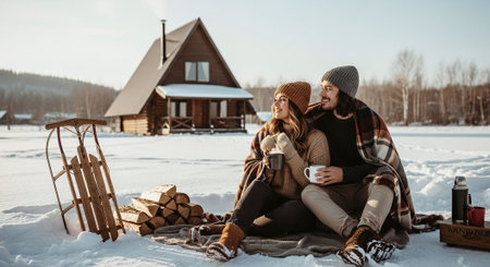 A couple sitting on a blanket in the snow, wrapped in blankets, enjoying hot drinks, with a cozy cabin in the backgroundの素材