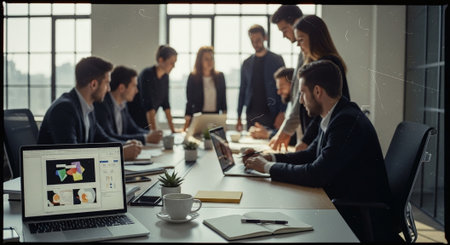 A modern office meeting with professionals collaborating around a table, laptops and documents present, bright natural light from large windowsの素材