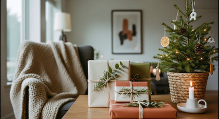 A cozy living room decorated for christmas, featuring a small christmas tree with ornaments, wrapped gifts on a wooden table, and a warm blanket draped over a chairの素材