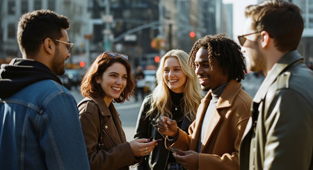 A group of young adults laughing and chatting in an urban setting, with city buildings in the backgroundの素材