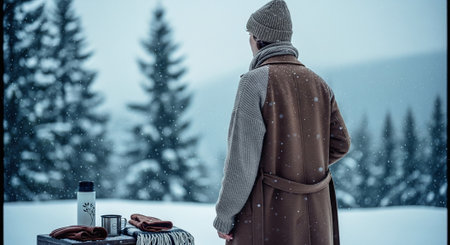 A person standing in a snowy landscape, wearing a long coat and a beanie, with a table displaying a thermos and gloves, surrounded by pine treesの素材