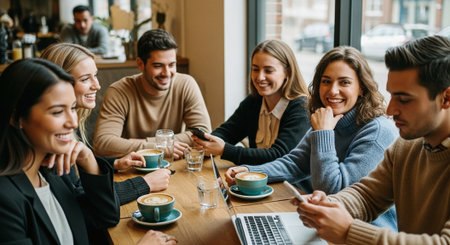 A group of young adults sitting at a cafe table, smiling and using smartphones, with coffee cups and a laptop on the tableの素材