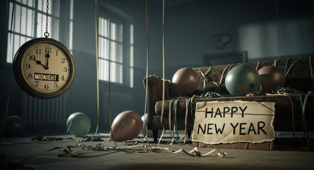 A cozy room decorated for New Years Eve, featuring a clock showing midnight, a sofa, and colorful balloons scattered around. A sign reads happy New Year.の素材