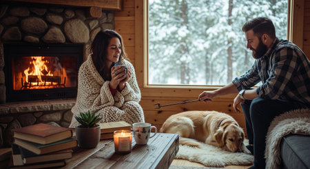 A cozy indoor scene featuring a woman wrapped in a blanket holding a mug, a man sitting beside her with a dog on the floor, a fireplace with a warm fire, and snow visible outside the windowの素材