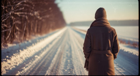 A person standing on a snowy road surrounded by trees, wearing a coat and scarf, with a serene winter landscape in the backgroundの素材