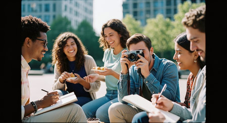 A group of young adults sitting outdoors, engaged in creative activities, with one person taking a photo, others writing and sharing snacksの素材