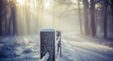 A serene winter landscape featuring a snow-covered wooden fence along a winding path, surrounded by frosty trees and soft sunlight filtering through the mistの素材