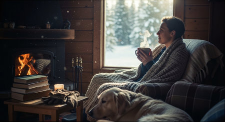 A cozy indoor scene featuring a woman wrapped in a blanket, sitting by a fireplace with a cup of tea, a golden retriever dog lying nearby, and snow visible outside the windowの素材