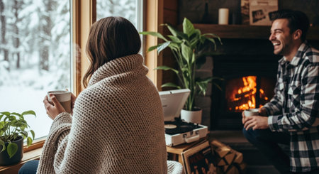 A cozy indoor scene with a woman wrapped in a blanket holding a cup, looking out at falling snow, while a man sits nearby, smiling by a fireplace with plants and a record playerの素材