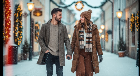 A couple walking hand in hand through a snowy street decorated for Christmas, with festive lights and snowflakes fallingの素材