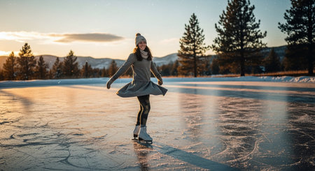 A young woman skating on an outdoor ice rink during sunset, wearing a warm outfit and smiling, surrounded by trees and mountainsの素材