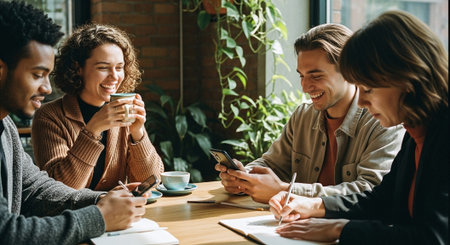 A group of four friends sitting at a table in a cozy cafe, engaged in conversation and using their phones, with plants in the backgroundの素材