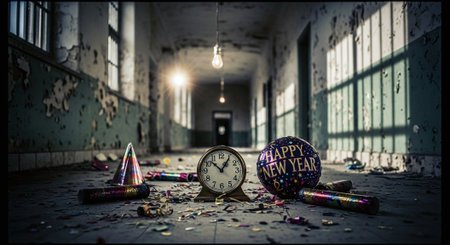 A dimly lit hallway with peeling walls, featuring a clock, party hats, and confetti scattered on the floor, celebrating New Yearの素材