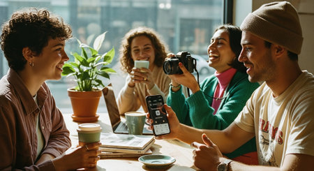 A group of friends enjoying coffee in a cafe, smiling and interacting, with a smartphone and camera on the table, plants in the backgroundの素材