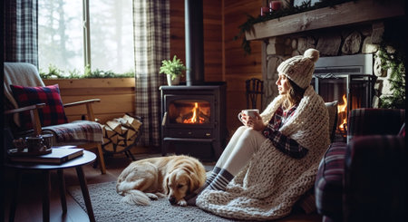 A cozy indoor scene featuring a woman wrapped in a blanket, sitting by a fireplace with a dog resting nearby, surrounded by rustic decor and warm lightingの素材