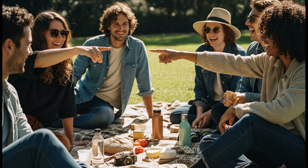A group of friends enjoying a picnic in a park, laughing and pointing at each other, sitting on a blanket with food and drinks around themの素材