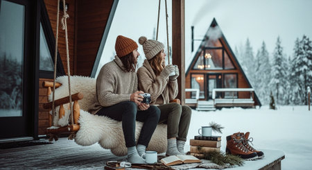 A cozy winter scene featuring a couple sitting on a swing on a porch, dressed in warm sweaters and hats, holding mugs, with snow-covered trees and a cabin in the backgroundの素材