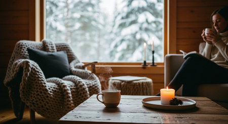 A cozy winter scene featuring a woman sitting in a warm cabin, holding a cup, with a candle on a wooden table, snow-covered trees visible through the windowの素材
