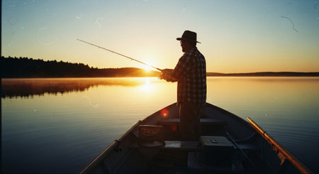 A silhouette of a man fishing from a boat at sunrise, with calm water and trees in the backgroundの素材