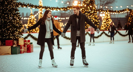 A couple skating on an ice rink during winter, surrounded by festive lights and decorations, with holiday gifts in the backgroundの素材
