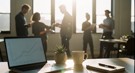 A modern office setting with a laptop displaying a graph, a coffee cup, and a small plant on a table, while people are engaged in conversation in the backgroundの素材