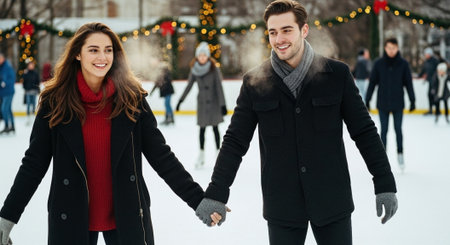 A couple ice skating hand in hand, smiling, in a festive outdoor rink with holiday decorations and other skaters in the backgroundの素材
