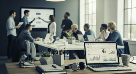 A modern office meeting room with a group of people discussing data on a screen, laptops and notebooks on the table, plants in the backgroundの素材