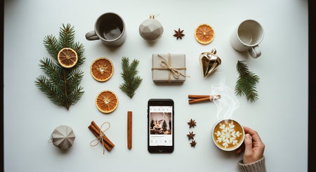 A cozy winter flat lay featuring a smartphone, mugs, dried orange slices, cinnamon sticks, pine branches, and a gift box, evoking a warm holiday atmosphereの素材