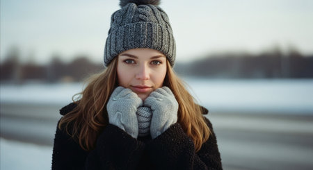 A young woman in a winter setting, wearing a knitted hat and gloves, looking directly at the camera with a serene expression, snow-covered landscape in the backgroundの素材