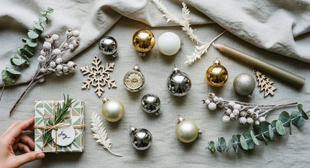 A flat lay arrangement of holiday decorations including ornaments, a gift box, and greenery on a textured fabric backgroundの素材