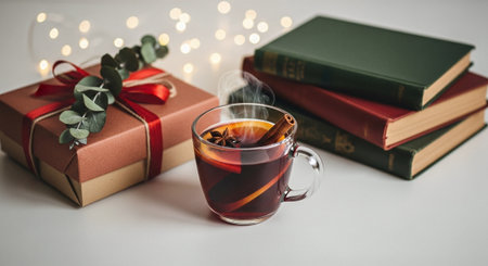 A cozy scene featuring a cup of steaming tea with cinnamon sticks, surrounded by wrapped gifts and stacked books, creating a warm and inviting atmosphereの素材