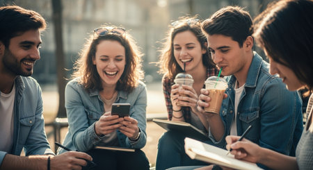 A group of young adults enjoying a sunny day outdoors, laughing and engaging with their smartphones and notebooks, with drinks in handの素材