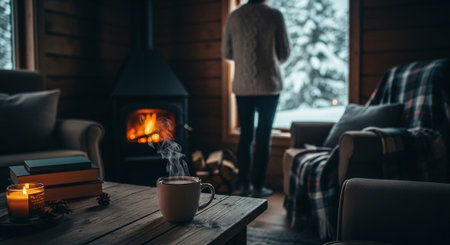 A cozy cabin interior with a steaming cup of coffee on a wooden table, a warm fire burning in the stove, and a person looking out the window at a snowy landscapeの素材