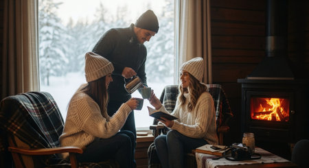 A cozy winter scene with three people indoors, two women sitting in armchairs wearing knitted sweaters and hats, one man pouring coffee from a kettle, a warm fire in the fireplace, snow outsideの素材