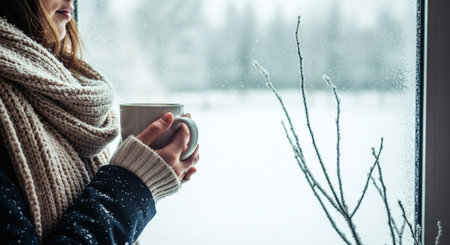 A woman holding a cup of coffee or tea while looking out a window during winter, with snow outside and a cozy atmosphereの素材