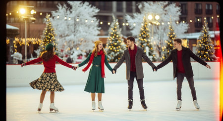 A group of four friends ice skating together in a festive winter setting, surrounded by snow-covered trees and holiday lightsの素材
