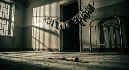 An abandoned room with peeling walls and a happy new year banner hanging, sunlight casting shadows through the windows, a party horn lies on the floorの素材