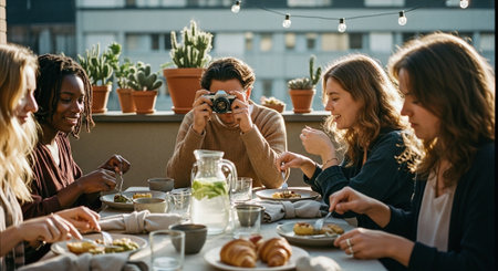 A group of friends enjoying a meal on a rooftop, with plants in the background, one person taking a photo, warm lightingの素材