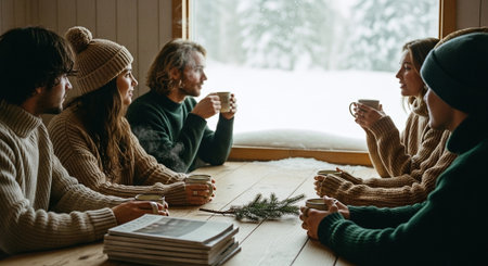 A group of five friends sitting around a wooden table, enjoying warm drinks while looking out at a snowy landscape through a large window, cozy atmosphere with winter sweatersの素材