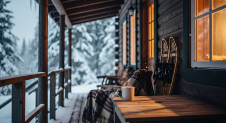 A cozy winter scene featuring a wooden cabin porch with snow-covered surroundings, a steaming cup on a table, and snowshoes leaning against the wallの素材