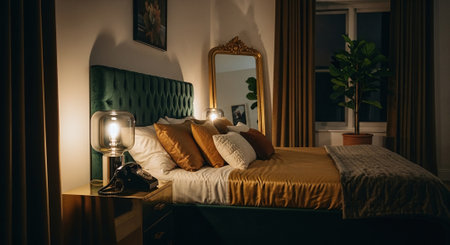 A cozy bedroom featuring a green tufted headboard, a large mirror, warm lighting, decorative pillows, and a potted plantの素材