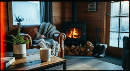 A cozy living room with a warm fireplace, a comfortable leather armchair, a coffee table with a mug and a small plant, and winter boots nearbyの素材