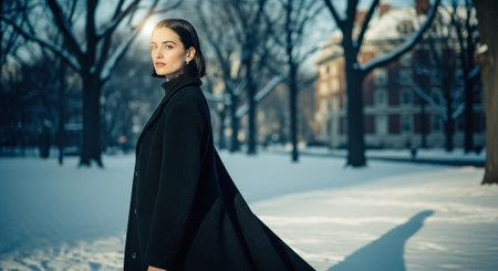A woman in a black coat standing in a snowy park, sunlight shining behind her, trees in the backgroundの素材