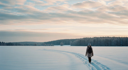 A person walking on a snowy landscape, leaving footprints in the snow, with a serene winter sky and trees in the backgroundの素材