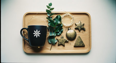 A wooden tray with a black mug featuring a snowflake design, green eucalyptus leaves, and various metallic holiday ornaments in star, circle, and triangle shapesの素材