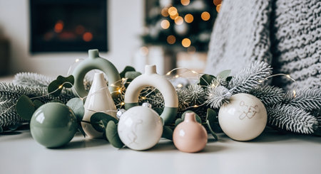 A cozy holiday scene featuring decorative ornaments and greenery, with soft lighting and a blurred background of a festive settingの素材