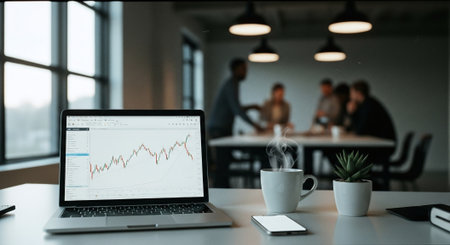 A laptop displaying financial charts on a desk, with a steaming cup of coffee, a smartphone, and a small plant, in a modern office setting with people in the backgroundの素材
