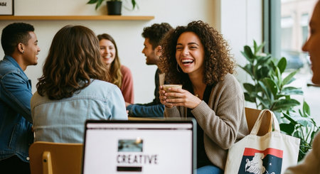 A group of young adults enjoying coffee and conversation in a cozy cafe, one woman laughing while holding a drink, modern decor with plantsの素材