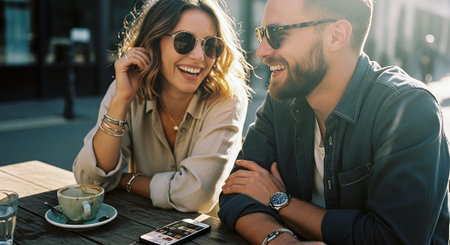 A joyful couple sitting at a cafe table, laughing and enjoying each others company, with coffee cups and a smartphone on the tableの素材